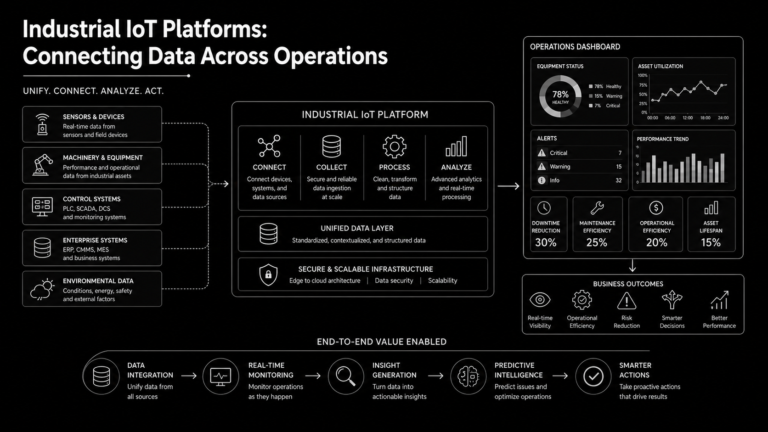 Monochrome black-background infographic illustrating an Industrial IoT platform, showing multiple data sources (sensors, machinery, control systems, enterprise systems) connected to a centralized platform that collects, processes, and analyzes data, with dashboards displaying real-time operational insights and outcomes such as efficiency, risk reduction, and performance improvement.