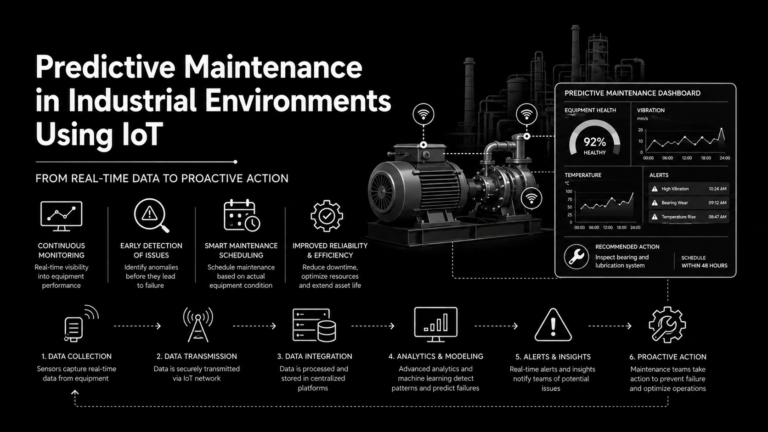 Monochrome black-background infographic illustrating predictive maintenance in industrial environments, showing IoT-enabled equipment monitoring, data flow from sensors to analytics, and a dashboard with real-time equipment health, alerts, and proactive maintenance actions.