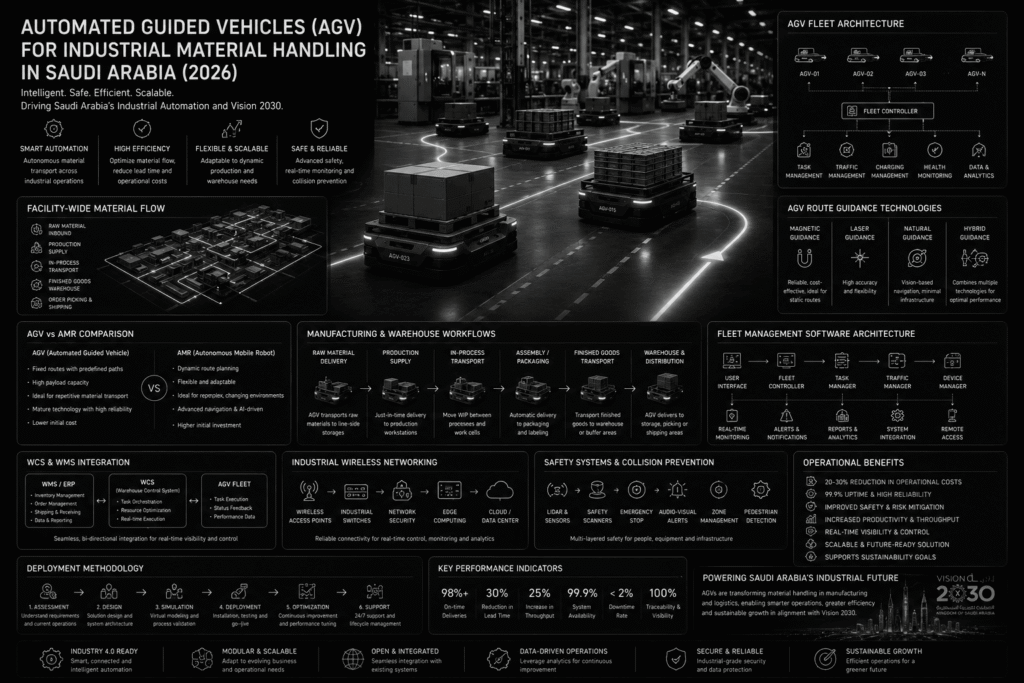 Enterprise monochrome industrial automation infographic illustrating Automated Guided Vehicles (AGVs) transporting pallets and materials across a modern warehouse and manufacturing facility. The design includes AGV fleet architecture, route guidance technologies, warehouse and production workflows, fleet management software, WMS and WCS integration, industrial wireless networking, safety systems, collision prevention features, deployment methodology, and operational benefits within a Saudi Industry 4.0 material handling ecosystem.