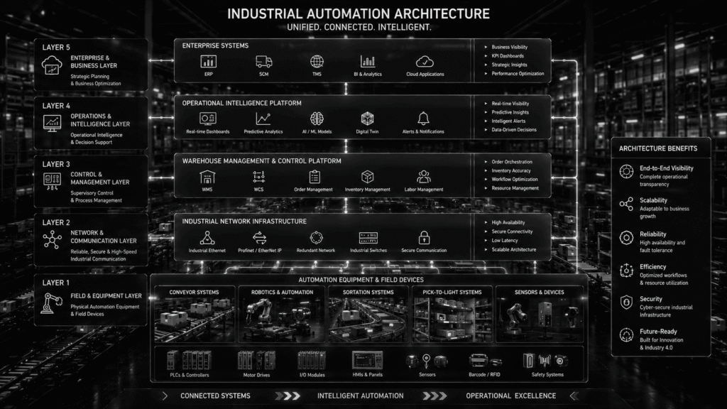 Industrial automation architecture defining how warehouse systems, control platforms, industrial networks, and automation technologies work together within a unified operational framework.
