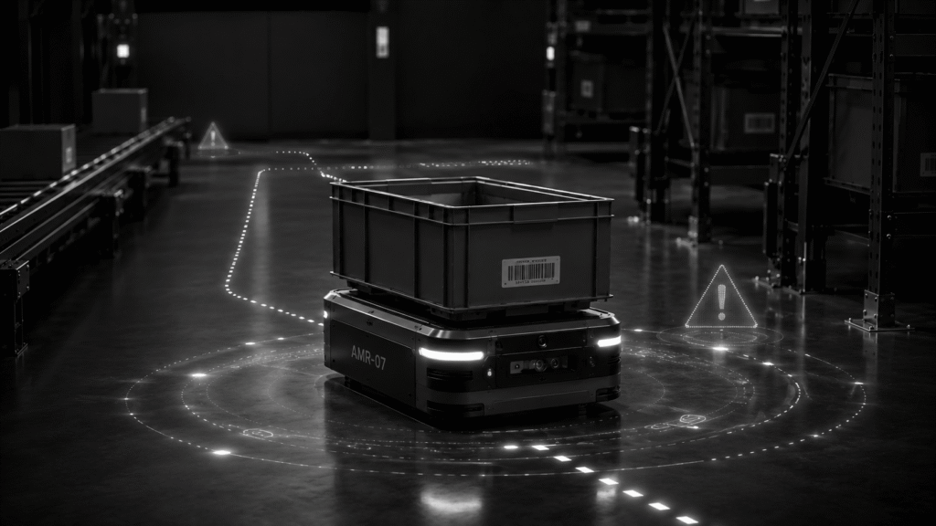 Autonomous mobile robot navigating warehouse environments using onboard sensors and adaptive intelligence for flexible material transportation.