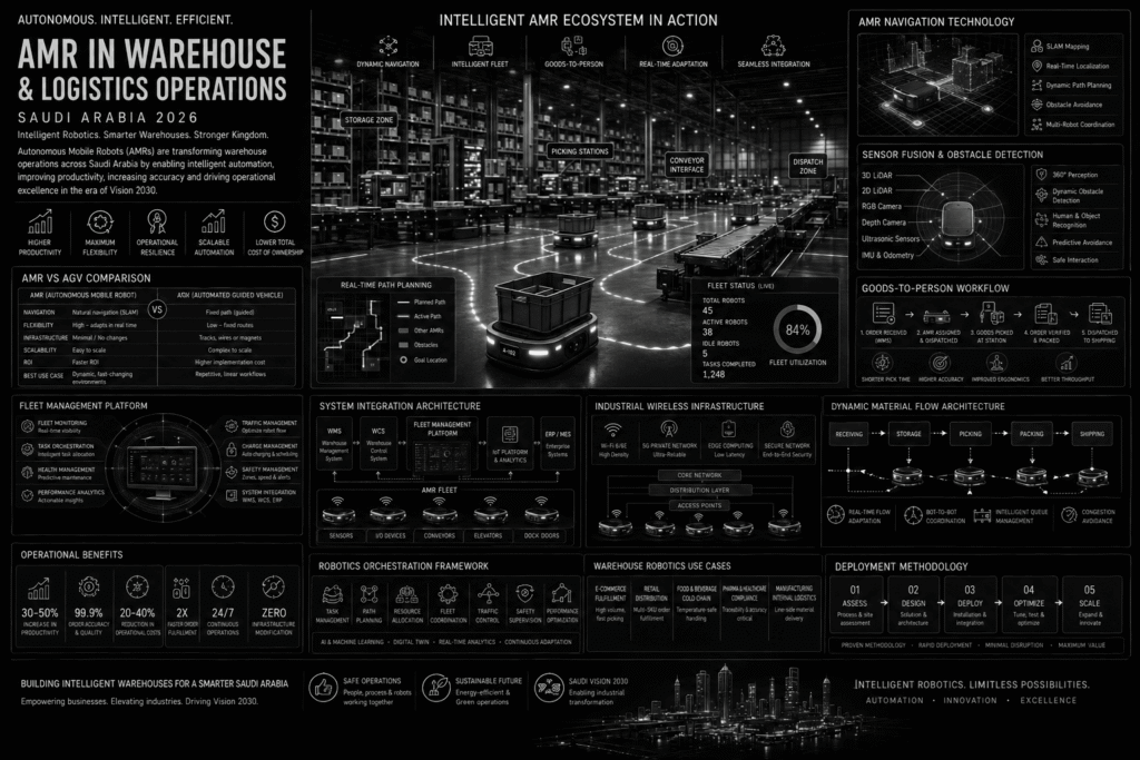 Enterprise warehouse robotics infographic in monochrome black-and-white illustrating Autonomous Mobile Robots (AMRs) operating inside a modern Saudi warehouse. Multiple AMRs navigate dynamically between storage racks, picking stations, conveyor systems and dispatch areas using real-time path planning and fleet coordination. The infographic includes AMR navigation technologies, sensor fusion and obstacle detection systems, goods-to-person fulfillment workflows, AMR versus AGV comparisons, warehouse management system and warehouse control system integration architecture, industrial wireless networking infrastructure, robotics orchestration frameworks, deployment methodology, operational benefits and Industry 4.0 warehouse modernization concepts.