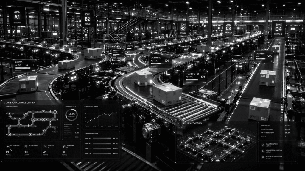 Automated warehouse conveyor system transporting cartons, totes, and parcels between receiving, storage, picking, sorting, packing, and shipping operations.