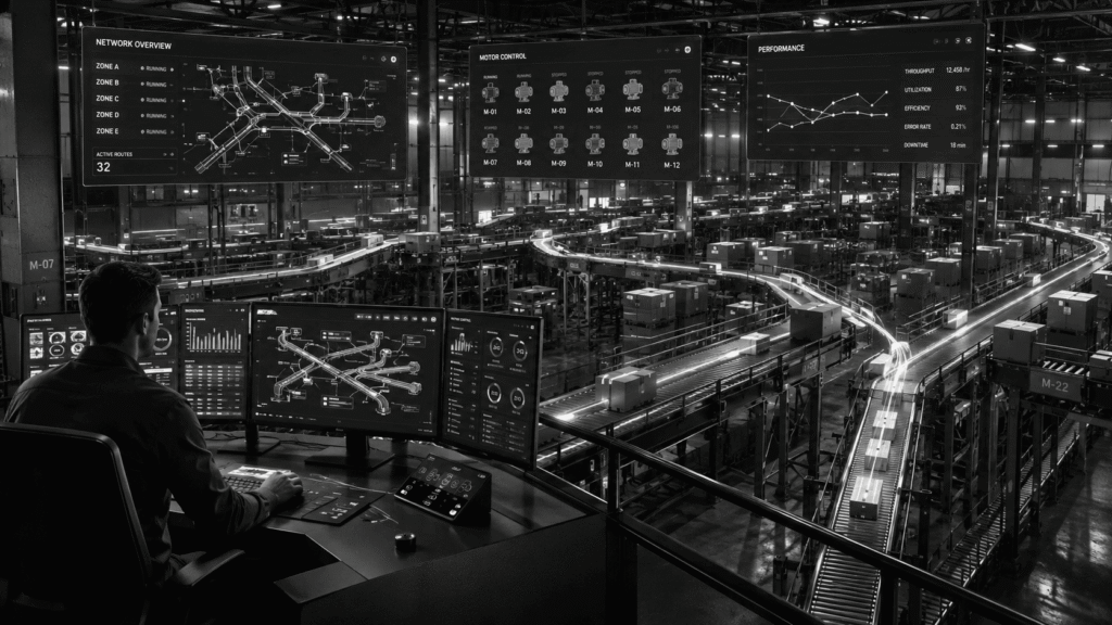 Smart warehouse control system providing real-time monitoring, automation coordination, operational analytics, and intelligent warehouse optimization.