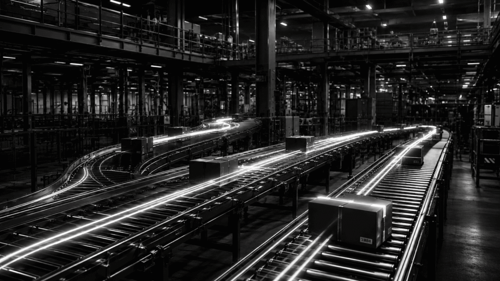 Interconnected conveyor and material handling systems transporting products across industrial, manufacturing, and logistics environments.