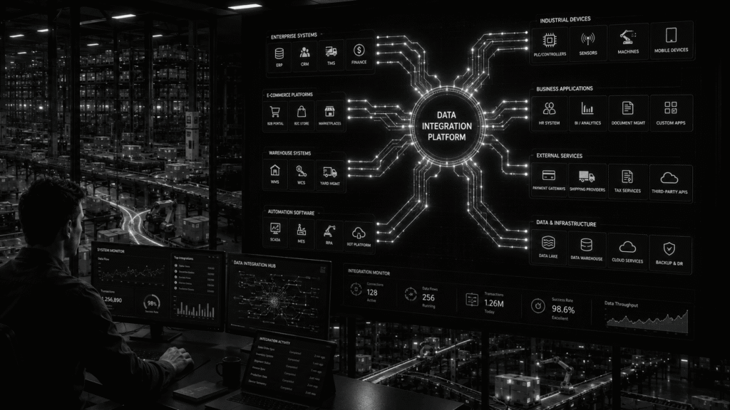 Data integration platform connecting enterprise systems, ecommerce solutions, automation platforms, and industrial devices to enable seamless data exchange across the automation ecosystem.