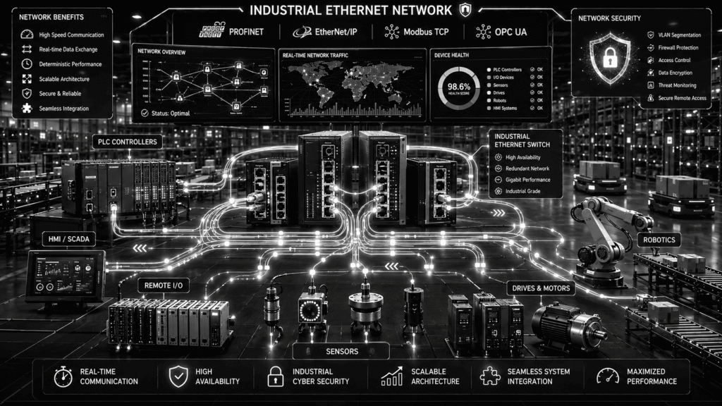 Industrial Ethernet network connecting PLC controllers, warehouse control systems, sensors, and automation equipment through high-speed industrial communication protocols including PROFINET, EtherNet/IP, and Modbus TCP.