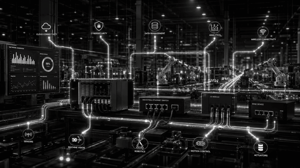 Industrial networking infrastructure connecting PLC controllers, sensors, automation equipment, and operational systems through secure data communication networks.
