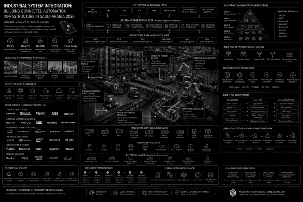 Industrial system integration infographic in black-and-white, presenting a unified automation architecture that connects warehouse systems, manufacturing technologies, robotics, conveyors, shuttle storage, AMRs, AGVs, ERP platforms, analytics systems, industrial networks, and OT cybersecurity through a centralized integration layer. The infographic includes communication architecture diagrams, data flow frameworks, multi-vendor technology ecosystems, deployment roadmaps, integration testing methodologies, operational benefits, and Industry 4.0 digital transformation strategies for industrial facilities in Saudi Arabia.