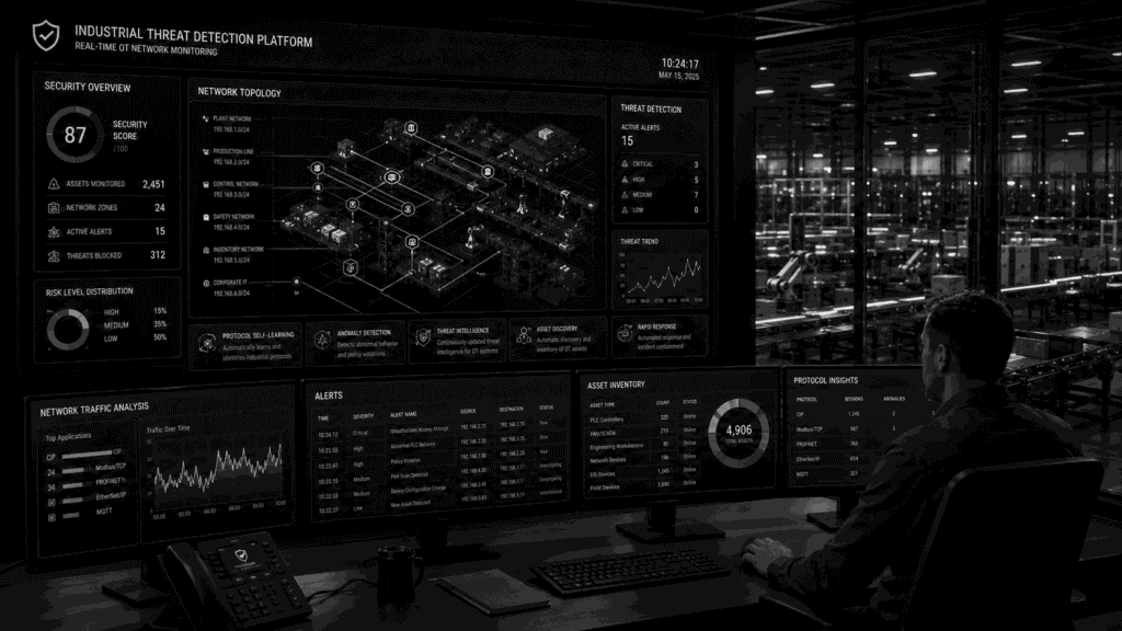 Industrial threat detection platform monitoring operational technology networks, identifying suspicious activity, detecting cyber threats, and enabling rapid incident response across industrial automation environments.