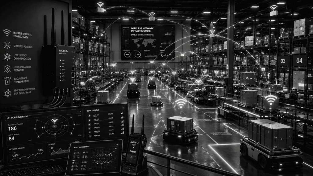 Industrial wireless network enabling real-time communication between autonomous mobile robots, mobile devices, automation equipment, and warehouse control systems across connected warehouse operations.
