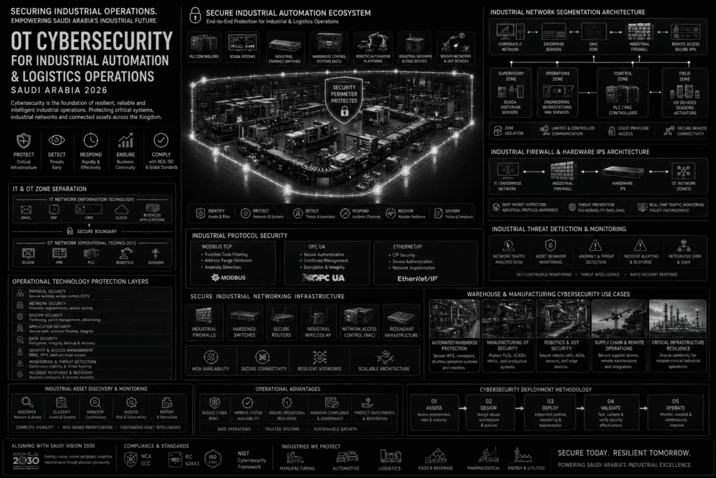 Enterprise OT cybersecurity infographic in monochrome black-and-white showing a secure industrial automation ecosystem for Saudi Arabia. The visualization features PLC controllers, SCADA systems, industrial Ethernet switches, warehouse control systems, robotic automation platforms, industrial gateways and sensor networks protected within a cybersecurity perimeter. Technical sections illustrate IT/OT network segmentation, industrial firewall architecture, intrusion prevention systems, industrial protocol security for Modbus, OPC UA and EtherNet/IP, threat detection and monitoring, asset discovery, operational technology protection layers, cybersecurity deployment methodology, and industrial security use cases across warehouse, manufacturing, robotics and critical infrastructure environments.