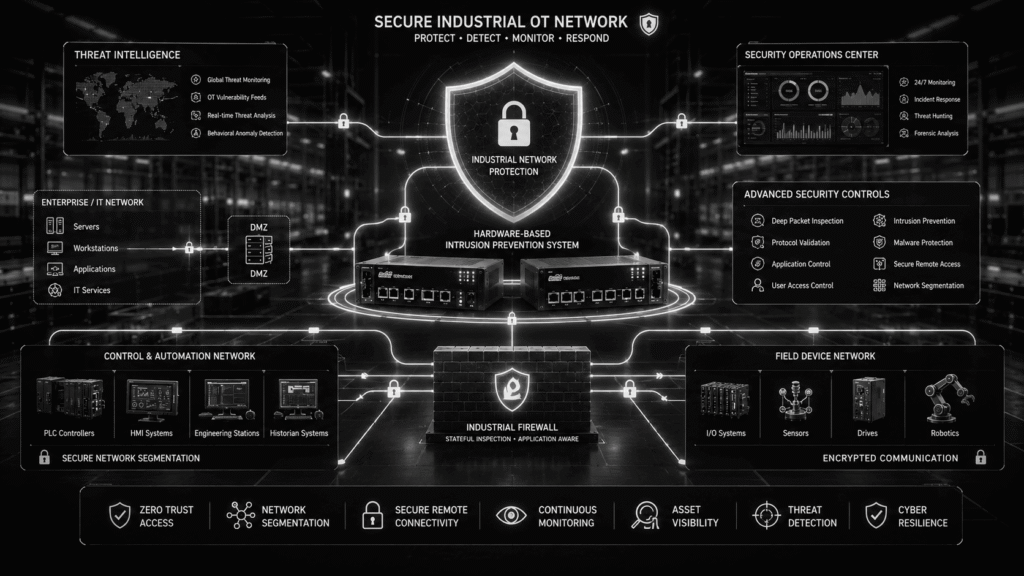 OT network security solution protecting industrial communication networks through intrusion prevention systems, access control mechanisms, and advanced threat detection technologies for secure automation operations.