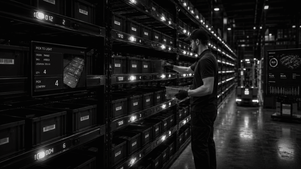 Pick-to-Light warehouse order picking system using LED-guided instructions and warehouse management system integration to improve fulfillment speed and accuracy.