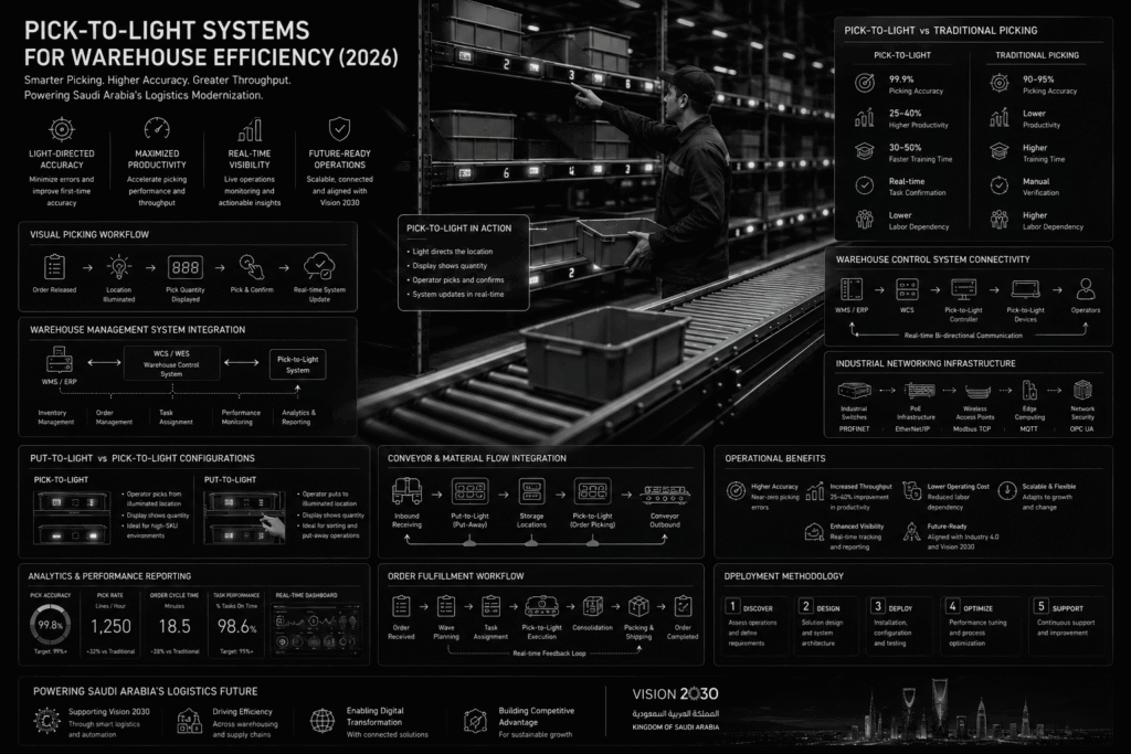 Enterprise black-and-white warehouse technology infographic centered on a Pick-to-Light picking station with illuminated shelf indicators and light-directed order fulfillment workflows. The layout includes Pick-to-Light versus traditional picking comparisons, WMS and WCS integration diagrams, conveyor and material flow integration, industrial networking infrastructure, operational benefits, analytics dashboards, deployment methodology, and warehouse productivity optimization for modern logistics environments.