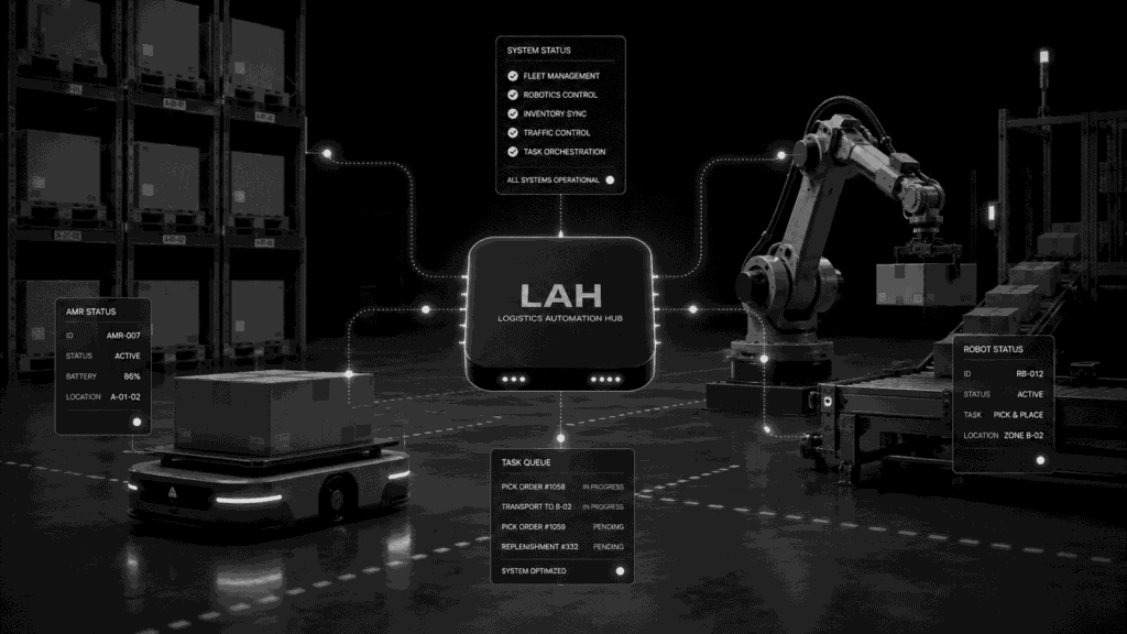 Robotic automation system utilizing AGVs, robotic technologies, and automated storage solutions to increase warehouse capacity and reduce manual handling.