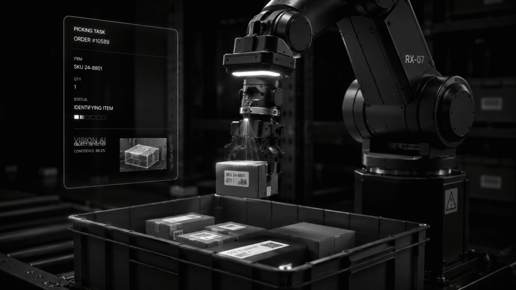Robotic picking system using AI, machine vision, and anthropomorphic robotic arms to automate item picking in warehouse fulfillment operations.