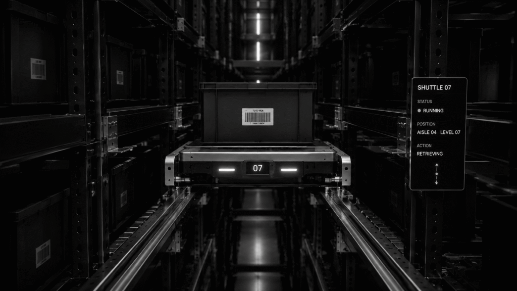 Shuttle storage system utilizing robotic shuttles and automated storage technology to enable high-density inventory storage and retrieval within warehouse environments.