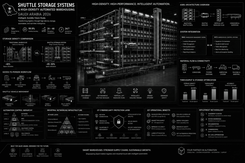 Monochrome enterprise infographic featuring a multi-level shuttle storage system with robotic shuttle vehicles operating across high-density storage racks. The visualization includes automated vertical lift modules, goods-to-person picking workflows, storage density comparisons, WMS and WCS integration architecture, conveyor connectivity, industrial networking infrastructure, cybersecurity layers, throughput optimization metrics, and deployment methodology. The design illustrates advanced automated storage and retrieval systems (ASRS) for modern warehouse operations in Saudi Arabia.