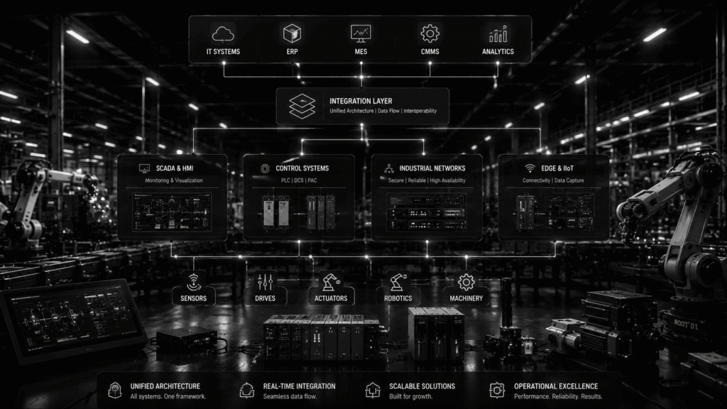 Industrial system integration connecting ERP, warehouse management systems, PLC controllers, automation platforms, industrial equipment, and enterprise software through a unified digital ecosystem.