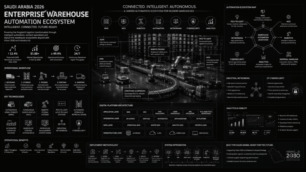 Enterprise warehouse automation infographic in monochrome black-and-white, showing a fully integrated warehouse automation ecosystem with conveyors, autonomous mobile robots (AMRs), robotic picking stations, warehouse management systems (WMS), warehouse control systems (WCS), industrial networking, cybersecurity, analytics platforms, and operational workflows connected through a centralized architecture. Technical panels illustrate receiving, storage, picking, sorting, shipping, digital platform architecture, deployment methodology, and automation integration for modern logistics operations in Saudi Arabia.