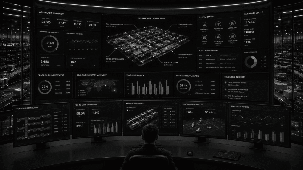 Warehouse automation integration connecting conveyors, Pick-to-Light systems, motor-driven roller technology, warehouse control systems, and warehouse management platforms into a unified operational ecosystem.