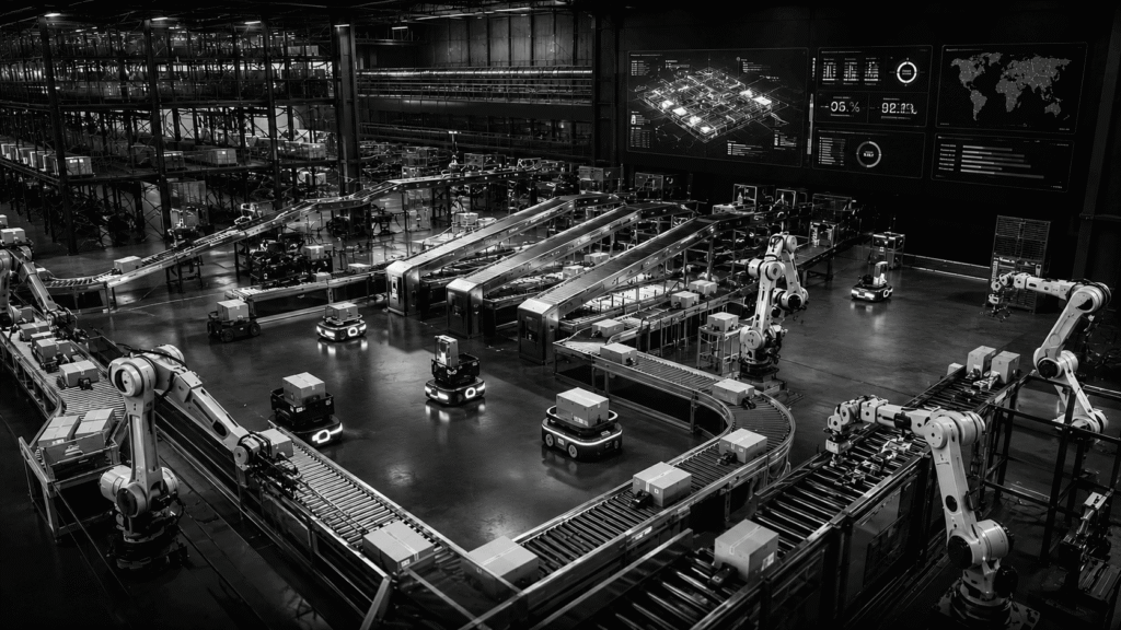 Advanced warehouse automation system featuring intelligent conveyors, robotic material handling, automated sorting, and real-time logistics operations.