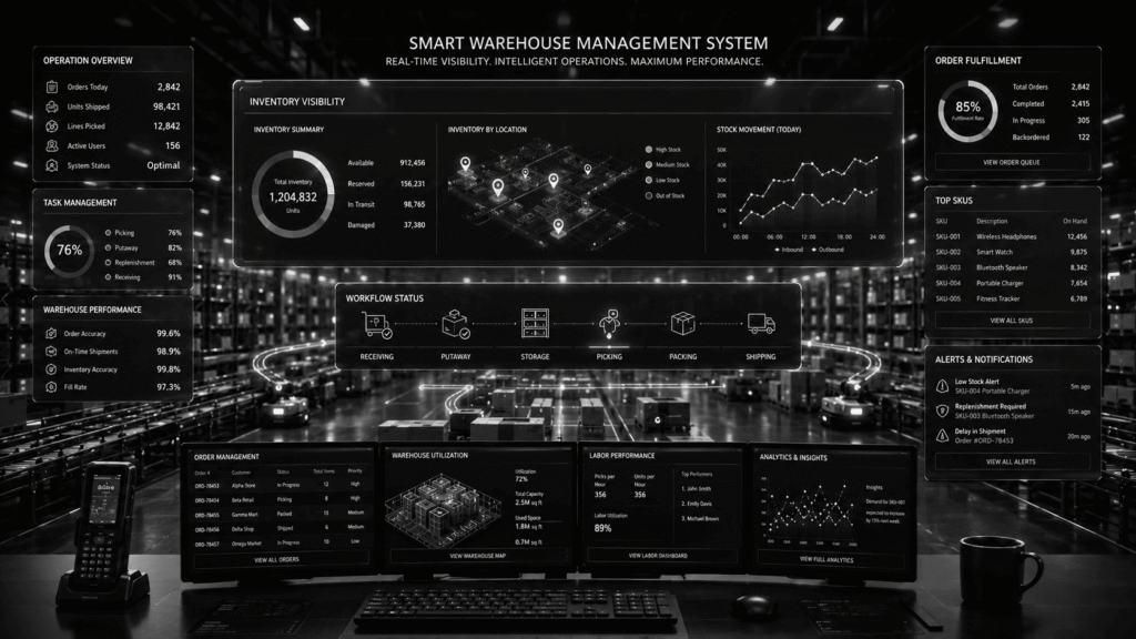 Warehouse Management System (WMS) platform controlling inventory operations, order fulfillment workflows, storage management, and real-time warehouse visibility across distribution center environments.
