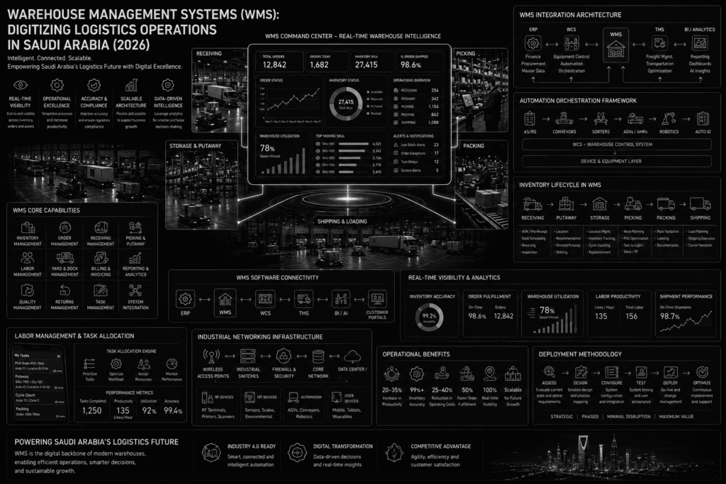 Premium monochrome warehouse management system infographic displaying a real-time warehouse intelligence dashboard integrated with warehouse operations, inventory control, order fulfillment workflows, labor allocation systems, industrial network infrastructure, analytics platforms, and deployment frameworks. The infographic presents a comprehensive Industry 4.0 warehouse operations architecture with a clean corporate consulting aesthetic and no external branding logos.